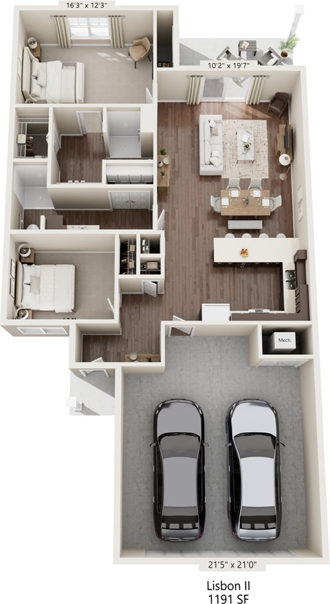 Floor plan for 2 beds, 2 baths, 1191 sqft